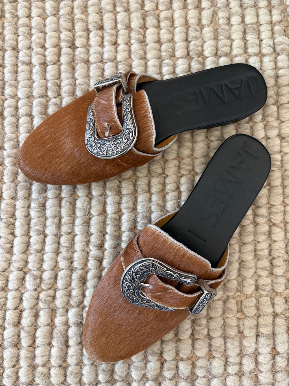 James Smith Western Silver Buckle Mules Calf Hair Leather Size 41 10